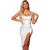 HTZMO Women's Satin Slip Dress Cowl Neck Backless Ruched Bodycon Sexy Club Midi Dresses