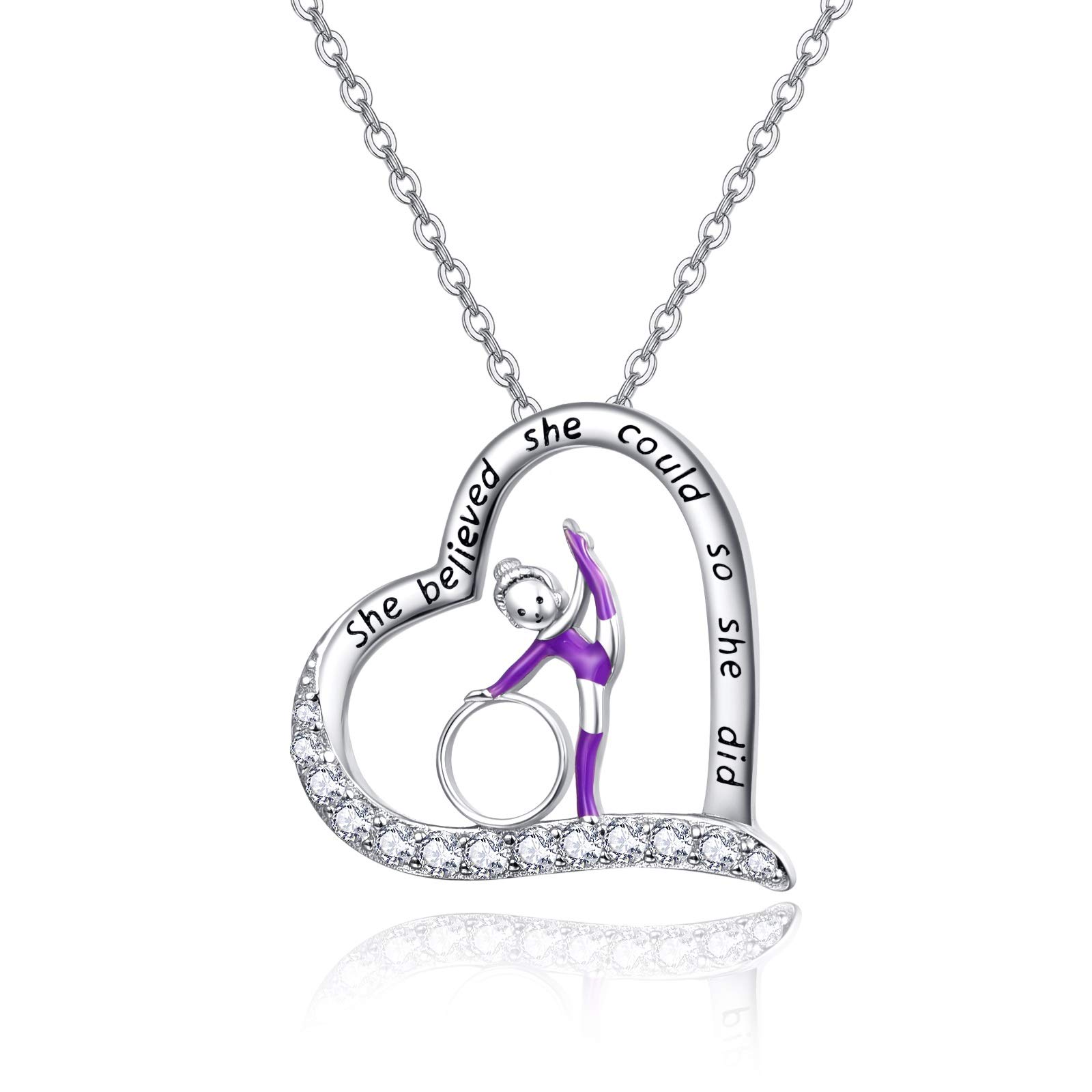 KINGWHYTE She Believed She Could So She Did Necklace 925 Sterling Silver Heart Dancer Pendant Dancing Girl Birthday Gifts for Women