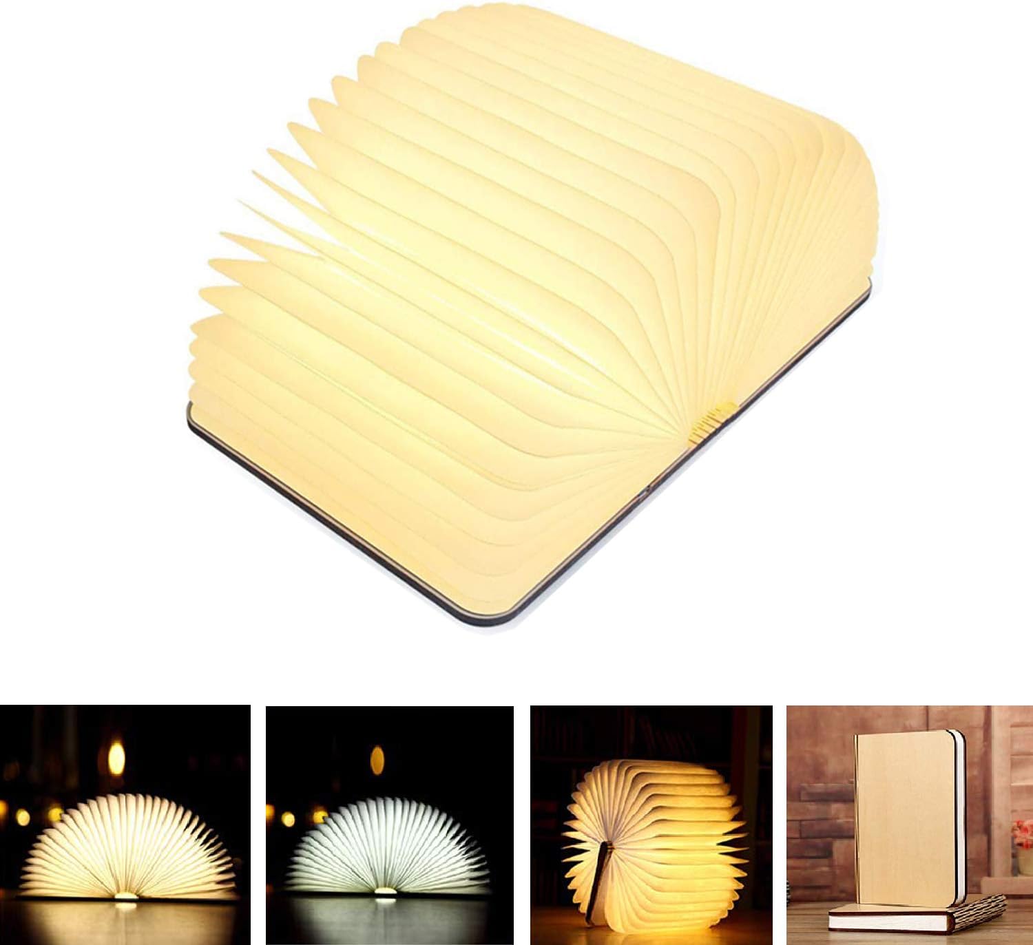 Xtozon Wooden Book Lamp Folding Portable Desk Light, 3 Colors LED Paper Lantern Lights, Unique Book Shaped Night Lights, Book Themed Gifts for Booklovers with USB Rechargeable Table Lamp Desk Boom