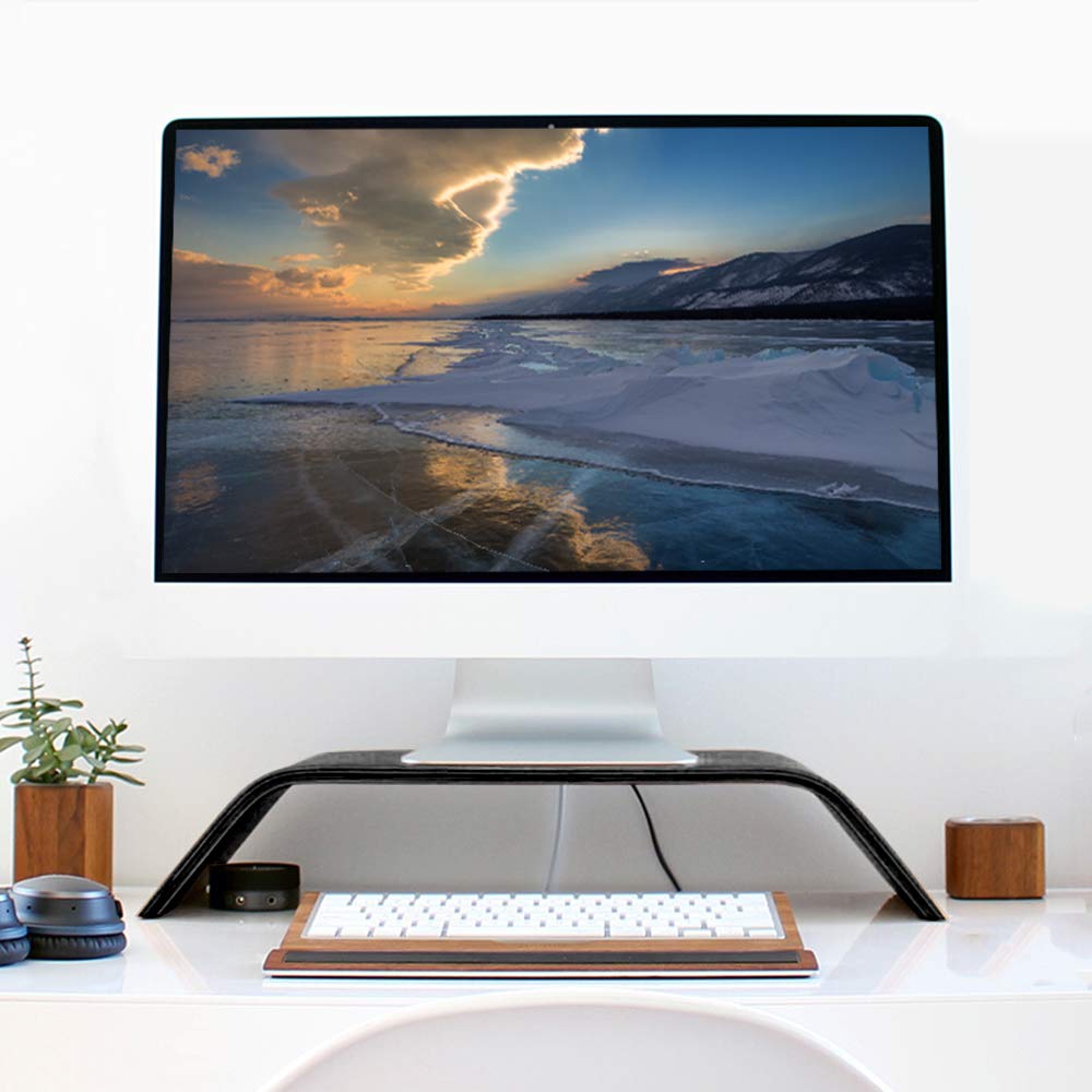 Halnziye Wooden Computer Monitor Stand, Durable Desk Riser Laptop Desktop Stands for MacBook, Universal Office PC Notebook Stand Holder/Household Flower Pot Rack (Oak Black)