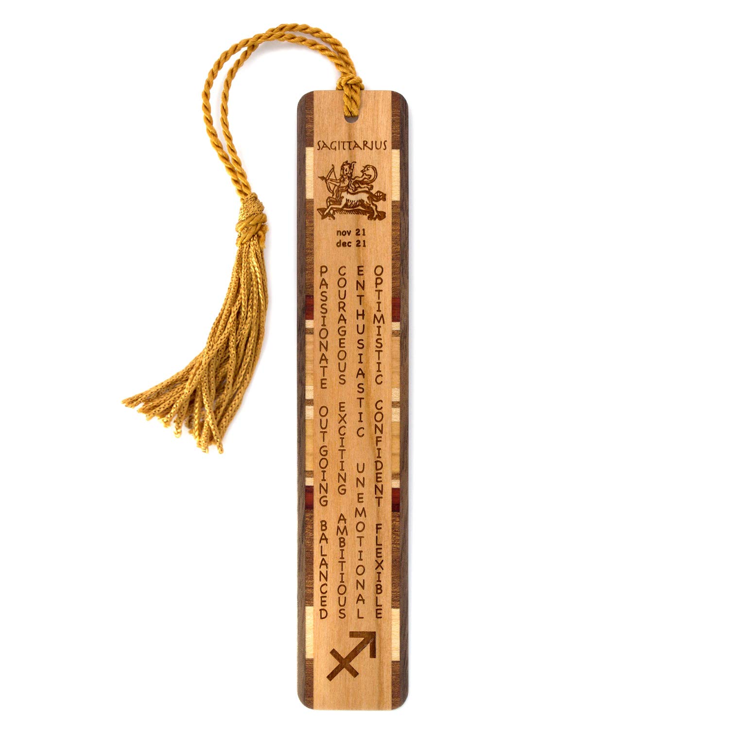 Sagittarius Zodiac Sign Artwork and Positive Personality Traits Engraved Wooden Bookmark with Tassel - Made in USA - Also Available Personalized