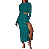 Pink Queen Women's 2 Piece Sweater Outfits Set Long Sleeve Crop Top Ribbed Split Bodycon Midi Long Skirt Knit Dresses