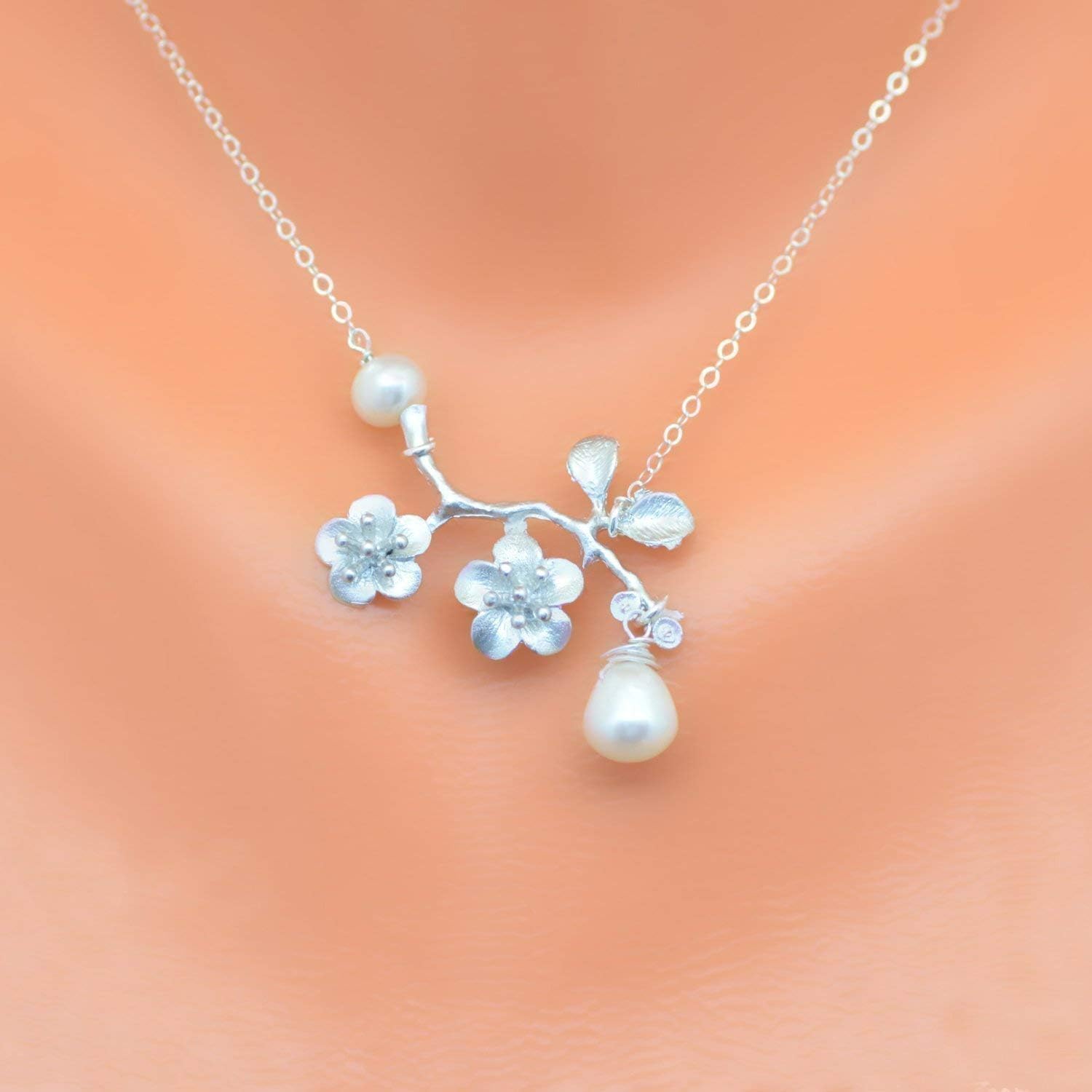 Personalized cherry blossom freshwater pearl or gemstone necklace