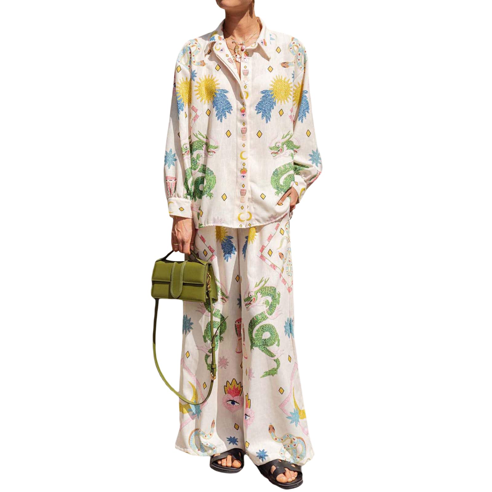 Caziffer Women’s Y2k 2 Piece Outfits Bohemian Vintage Graffiti Floral Short Sleeve Button Up Shirt + Drawstring Wide Leg Pants Set Beachwear (B White, L)