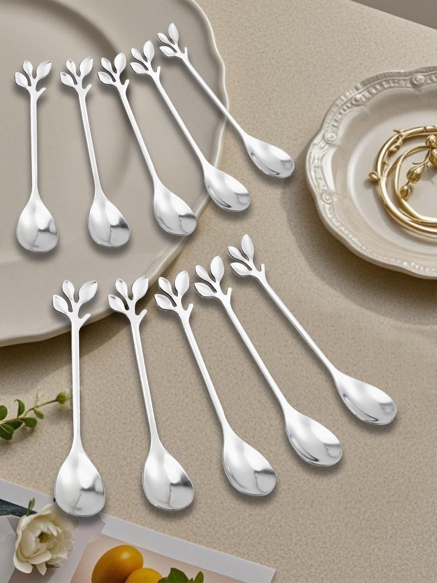 Photo 1 of 10 Piece 4.7 Inch Stainless Steel Dessert Spoons Set - Botanical Leaf Design for Coffee, Dessert | Dishwasher Safe Silver