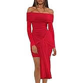 Ophestin Off The Shoulder Mesh Dress Long Sleeve Ruched Bodycon Dress for Women Tie Waist Dresses