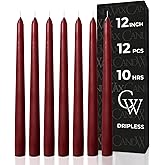 CANDWAX 12 inch Burgundy Taper Candle Set of 12 - Unscented Smokeless Dripless Candlesticks - Candle Sticks for Christmas Decorations, Party Décor, Dinner Table Centerpieces - Burgundy Tapers