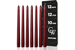 CANDWAX 12 inch Burgundy Taper Candle Set of 12 - Unscented Smokeless Dripless Candlesticks - Candle Sticks for Christmas Decorations, Party Décor, Dinner Table Centerpieces - Burgundy Tapers