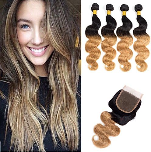Juyouya Ombre Hair Weft Brazilian Virgin Hair Body Wave 100% Unprocessed Human Hair Weave Extensions 100g/piece 4 Bundles with 44 Lace Closure (20 22 24 26 +20)