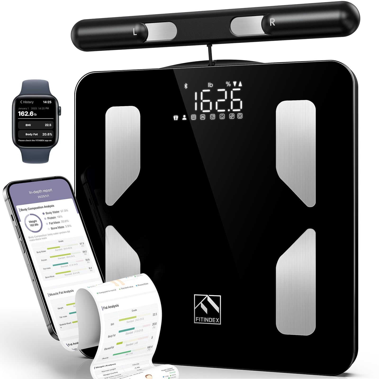 FITINDEX Smart Scale for Body Weight, Body Pod Scale [2026 Upgraded], 8-Electrode Body Composition Scale with BMI, Body Fat, Muscle Mass, Digital Bathroom Scale with Larger Platform, Bluetooth Image