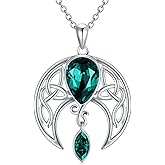 AOBOCO Sterling Silver Celtic Crescent Moon Goddess Pendant Irish Good Luck Necklace with Birthstone Crystal, Celtic Moon Jewelry Gift for Women Mom Wife