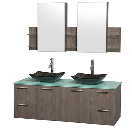 Wyndham Collection Amare 60 Inch Double Bathroom Vanity In Gray Oak Green Glass Countertop Arista Black Granite Sinks And Medicine Cabinets Amazon Com