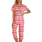 Lu's Chic Women's Cute Pajama Set Soft Cotton Capri Short Sleeve Comfy Pjs Pant Two Piece Sleepwear