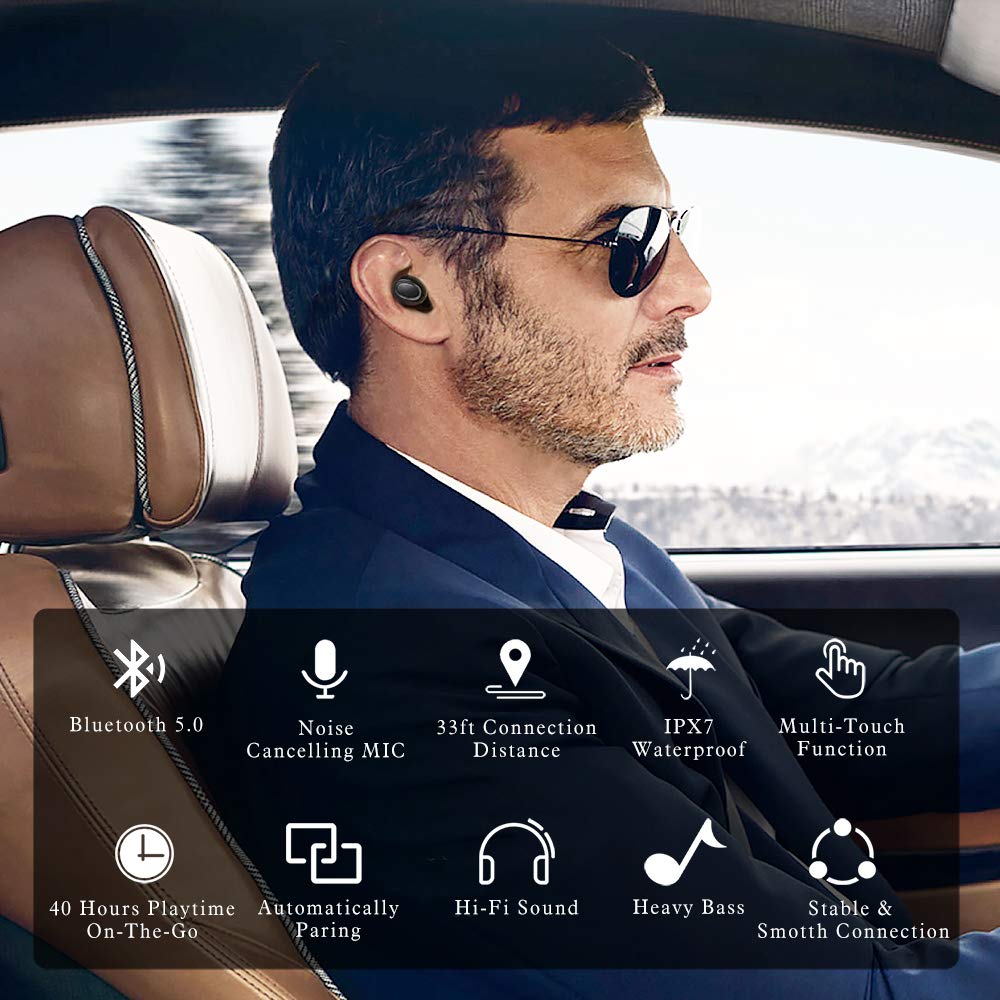 True Wireless Earbuds Bluetooth 5.0 with Leather Charging Case, Barsone Deep Bass HiFi Stereo in-Ear Earphones Waterproof Built-in Noise-Cancelling Mic for 40hours Extended Playtime