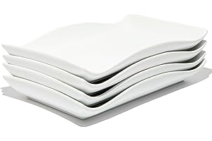 Bruntmor Appetizer Plate Set of 4 Elegant Matte 10"x7" Rectangular Curvy Ceramic Restaurant Platter | Serving Inner Fluted De