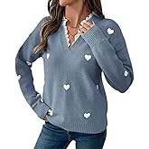 Women’s Heart Print Knit Sweater – V Neck Pullover with Lace Trim, Soft Cute Pink Long Sleeve Jumper Top