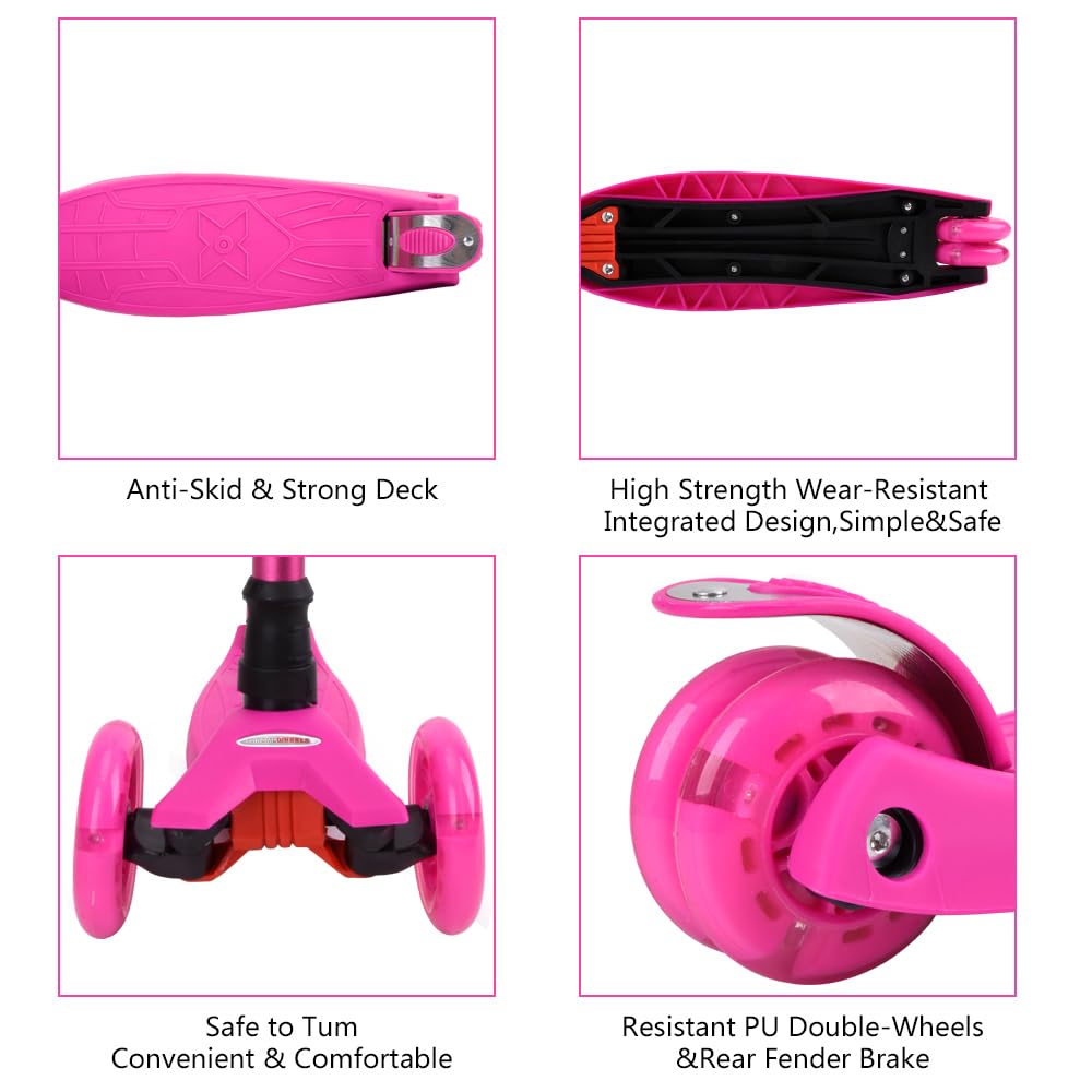 ChromeWheels Scooters for Kids, Deluxe 3 Wheels Kick Scooter 4 Adjustable Height 132lbs Weight Limit, Lean to Steer LED Light Up Wheel, Best Gifts for Girls Boys Ages 3-12 Years Old