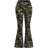 WDIRARA Women's Camo Print Elastic Waist Flare Leggings Crossover Bell Bottom Pants