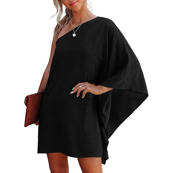 Amazon.com: Women's One Shoulder Cape Mini Dress Casual Loose Batwing Sleeve  T-Shirt Dress Solid Color Party Club Cocktail Dress (Small,Blue 1) :  Clothing, Shoes & Jewelry