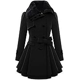 xxxiticat Women's Double Breasted Trench Coat Long Sleeve Faux Fur Lapel Flared Hem Belted Winter Warm Jacket Overcoat