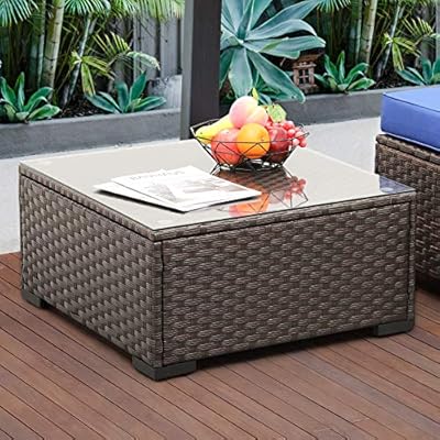 Rattaner Patio Furniture Wicker Coffee Table Outdoor Garden Square Side Table with Tempered Glass Top Brown 61OqIWJ52GL