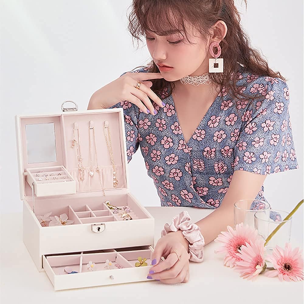 Lockable Jewelry Box,3-layers PU Leather Jewelry Organizers for Women ,Jewelry Display for Rings Earrings Necklaces Watches, White: Home Improvement