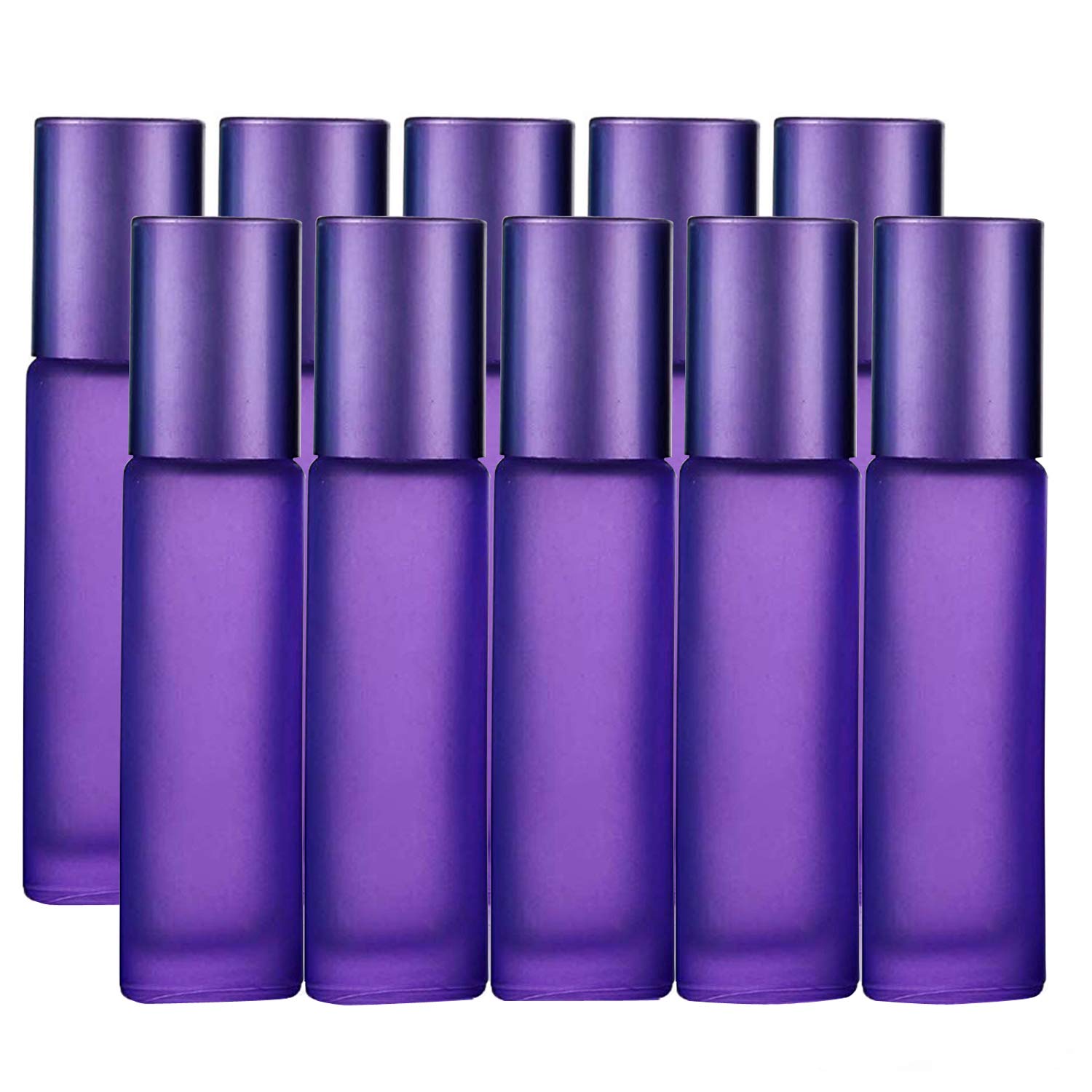 JamHooDirect 10Pcs, 10ml Essential Oils Roller Bottles, Empty Refillable Colorful Frosted Glass Roll on Bottles with 1 Opener & 1 Dropper, Perfect for Aromatherapy, Fragrance, Perfume (Purple Color)