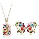 Txibikn 3 Pieces Fashion Noble Women Colorful Crystal Necklace Earrings Set Jewelry Pendant for Women Wedding Party Jewellery Gift