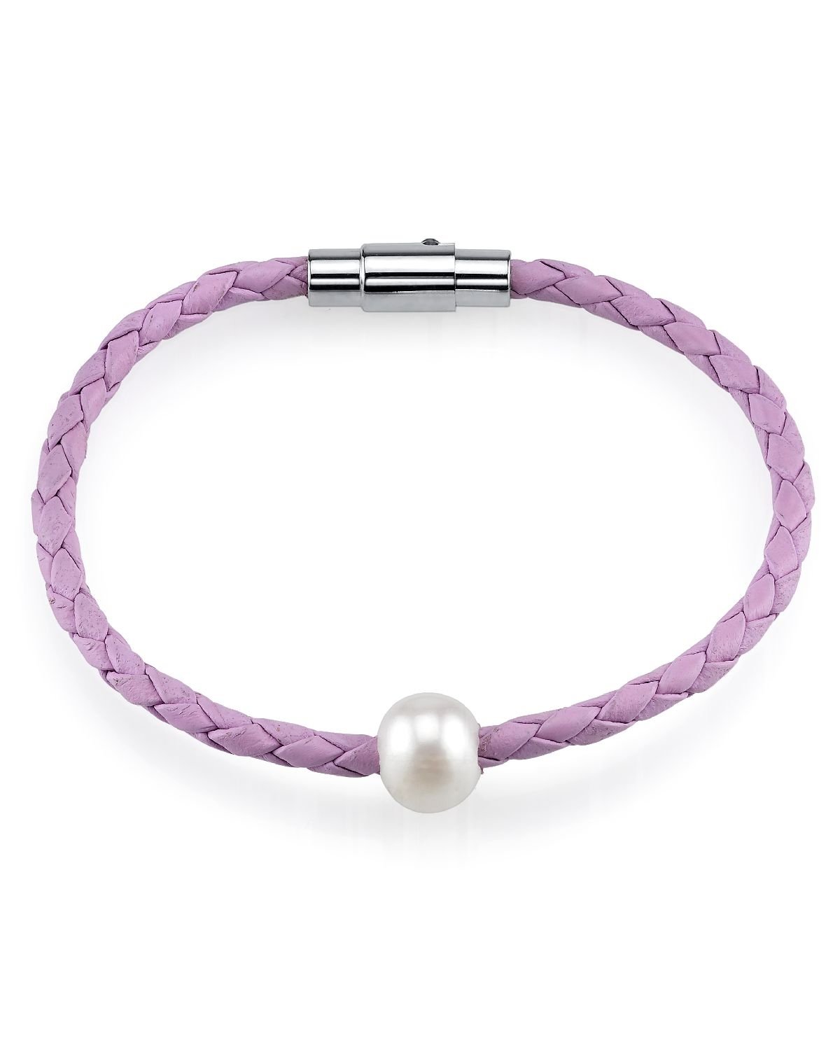 THE PEARL SOURCE 9-10mm Genuine White Freshwater Cultured Pearl Leather Jane Bracelet for Women