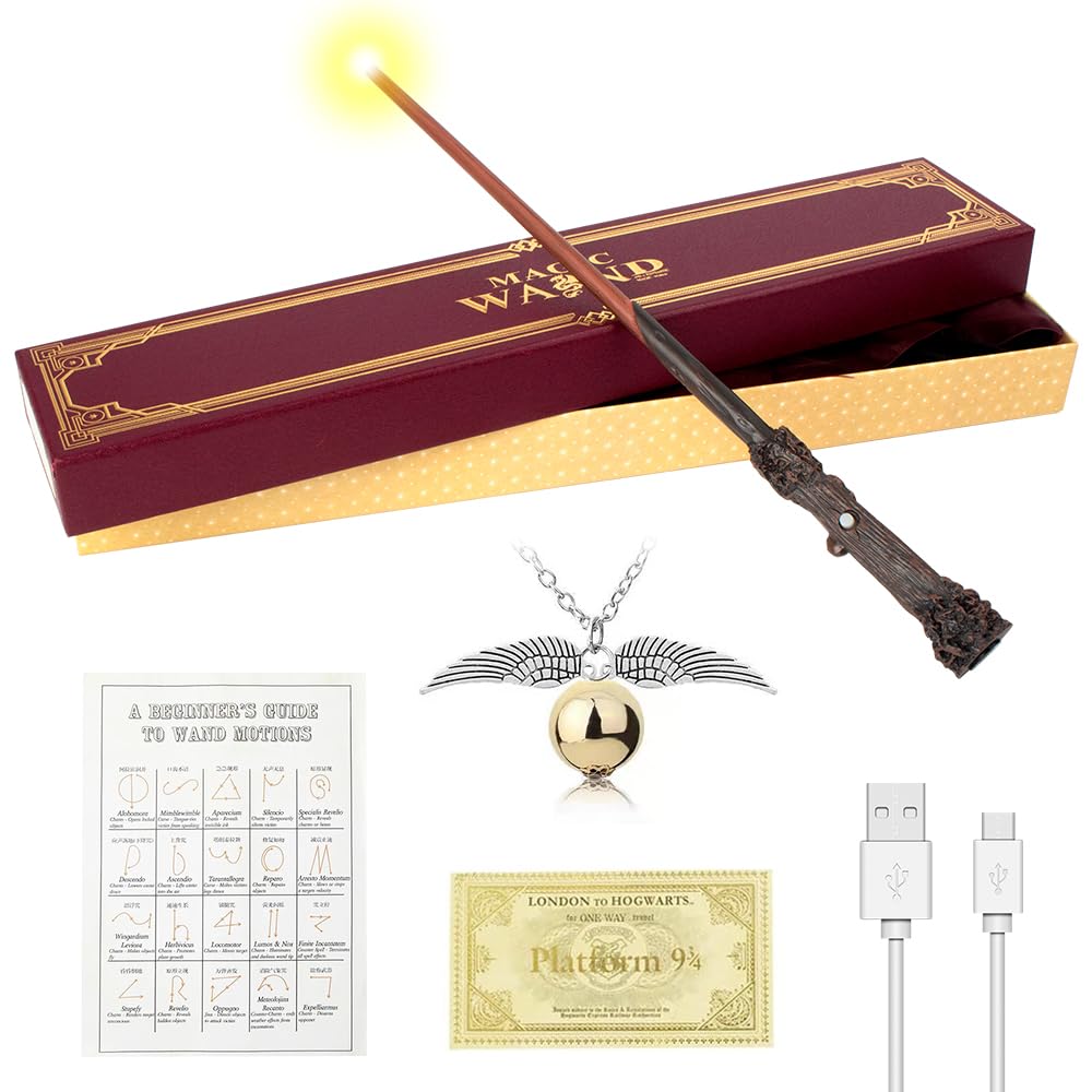 WDKXCN Harry Potter Wand, 35CM Glowing Magic Wand, USB Charging, Gift Box, Spell Card, Station Ticket, Necklace