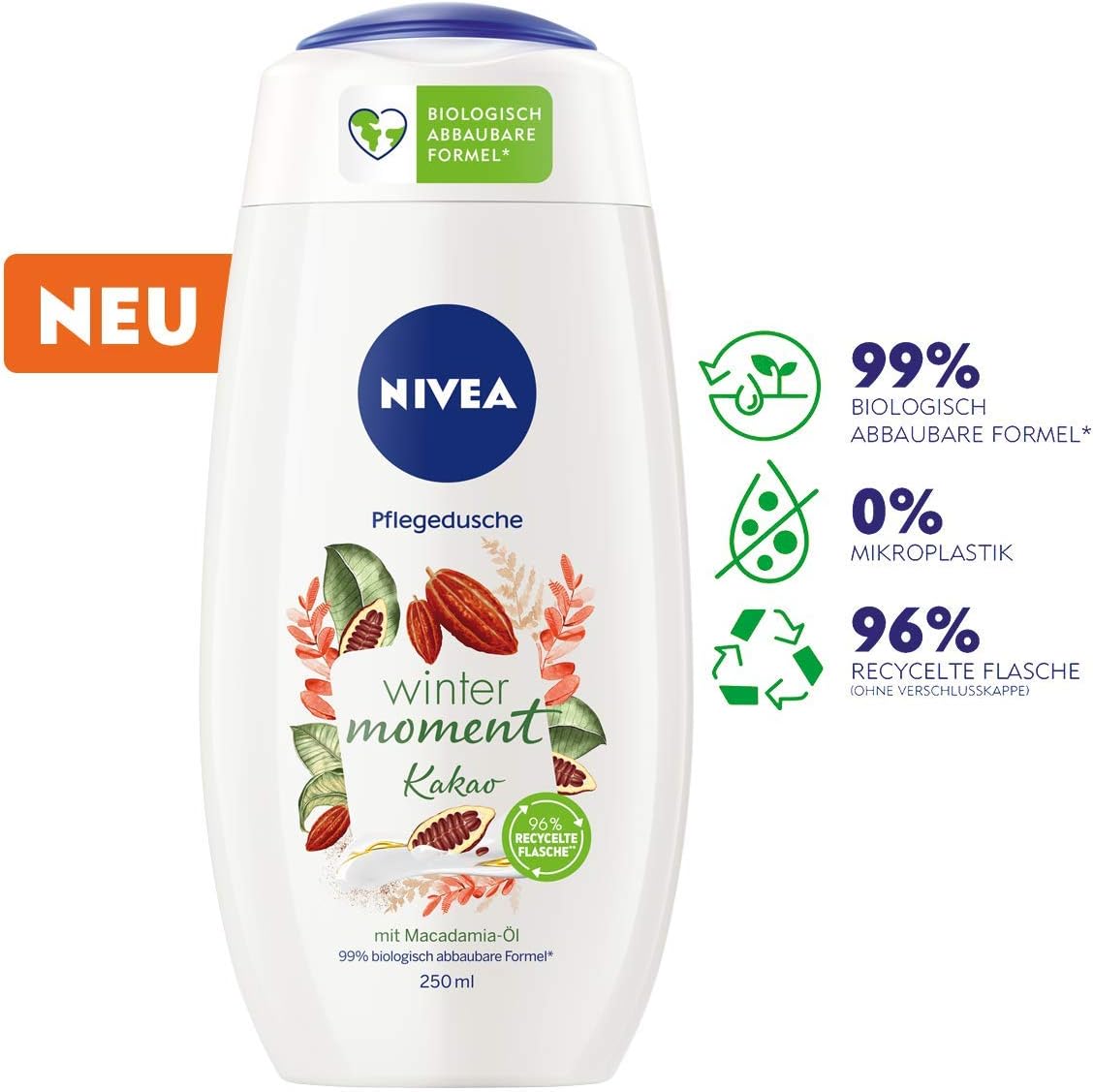 NIVEA Winter Moment Cocoa Shower care (250 ml), Winter Shower Gel with the Warm Fragrance of Cocoa, Cream Shower gel with Macadamia Oil - Image 4
