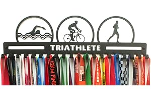 URBN BY MODERN HOME FINISHINGS Metal Wall Mount Triathlete Running Swim Bike Sports Medal Wall Hanger, Lanyard Ribbon Hanging Medal Display Holder Rack with Hooks, Simple Install - Great Sports Gift (Black)