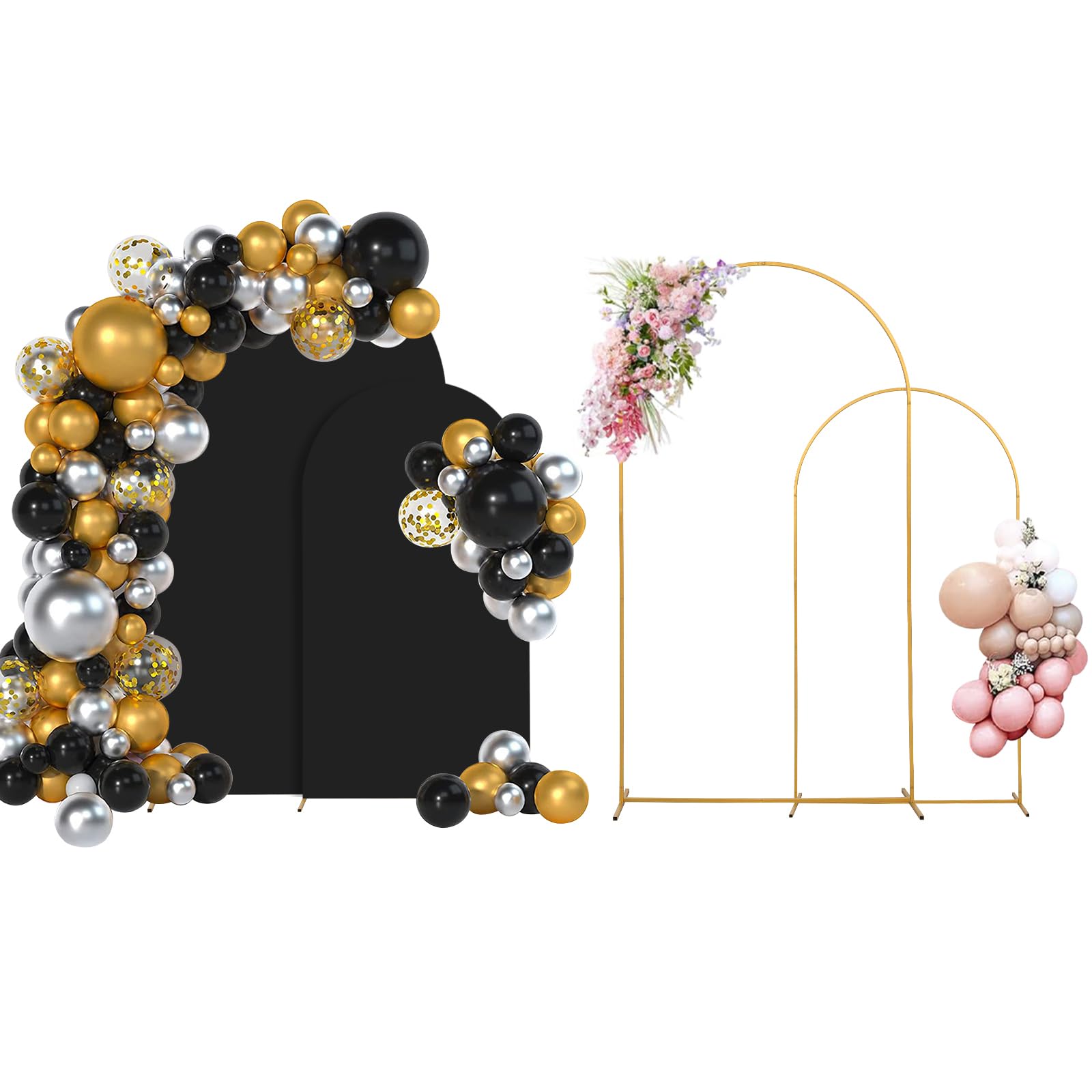 Photo 1 of Arch Backdrop Stand Set of 2 With Black Cover (7.2FT+6FT) Gold Metal Wedding Arch Stand Balloon Arched for Birthday Party Baby Shower Graduation Ceremony Decoration