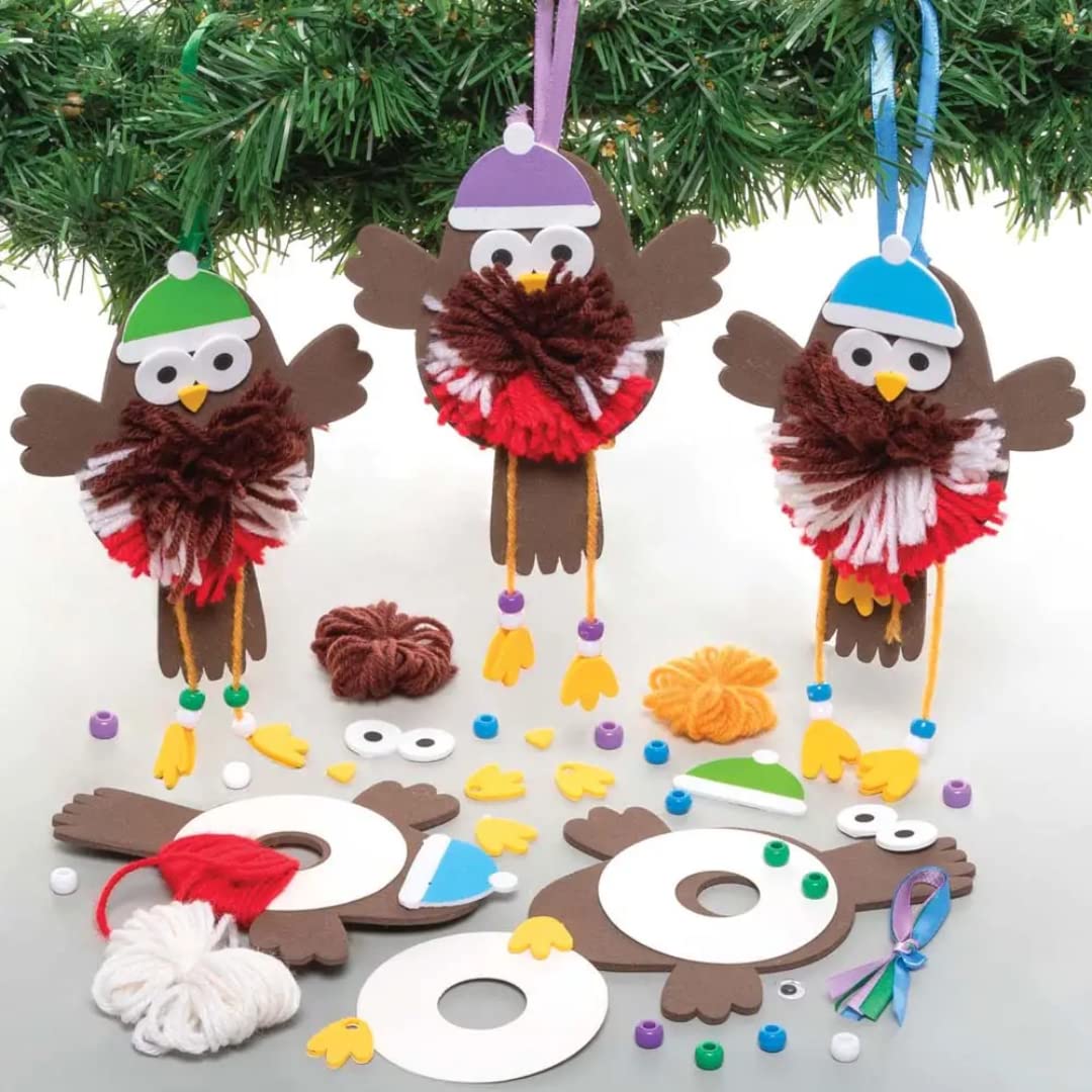 Baker Ross FE872 Robin Pom Pom Decoration Kits - Pack of 3, Christmas Crafts, Pom Pom Decorations for Children to Make, Decorate and Display, Creative Activities for Kids, Robin