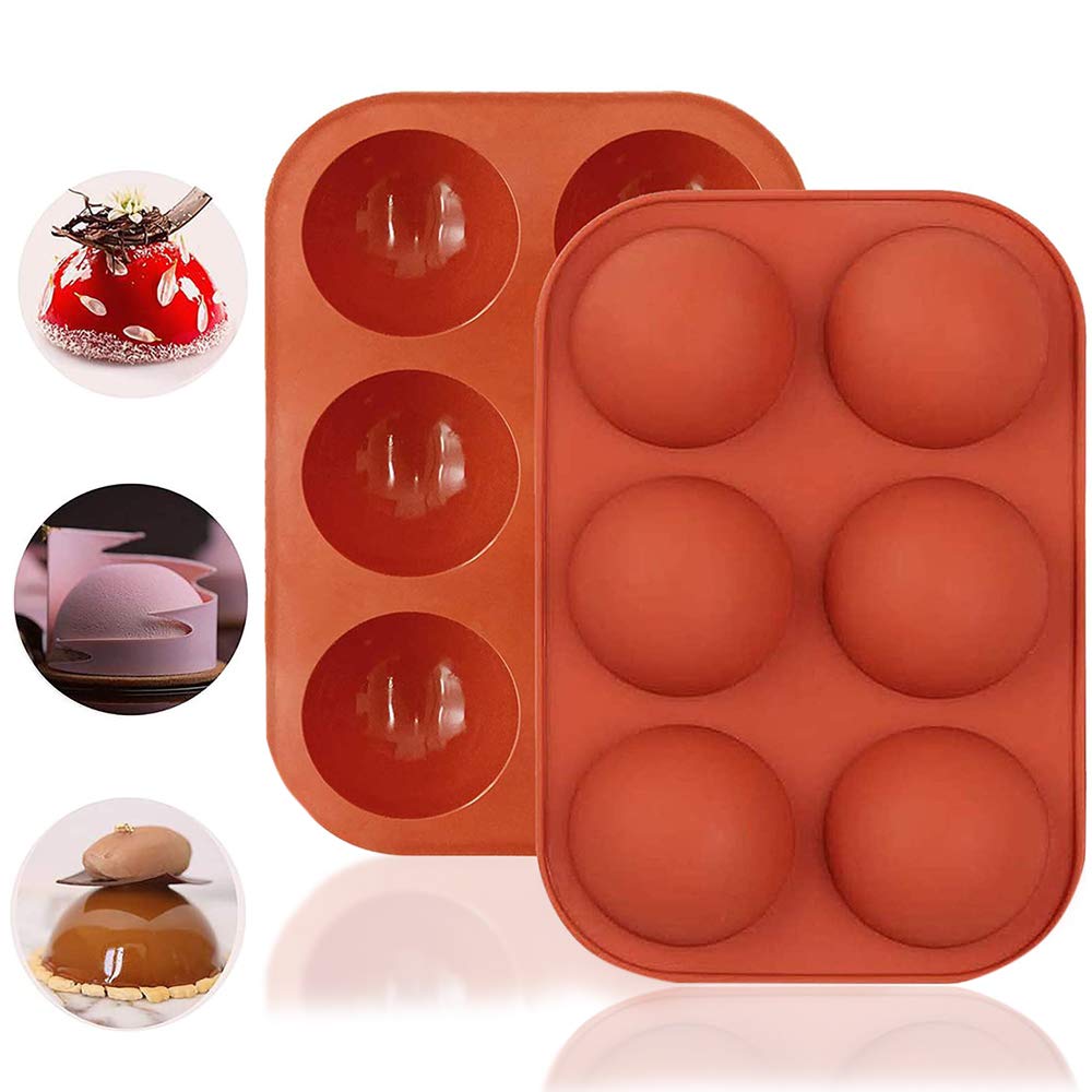 2PCS Semi Sphere Silicone Mold, BREEZO 6-Cavity Baking Mold for Making Hot Chocolate Bombs, Cocoa Bombs, Cake, Jelly, Dome Mousse,Soap, Non Stick, BPA Free Round Shape Half Sphere Molds (Brick red) โ image 1