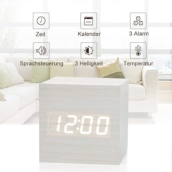 fomobest LED Wecker Wiederaufladbar Holz Tischuhr Klein Cube Datum/Temperatur Anzeige Digital Wecker Weiß