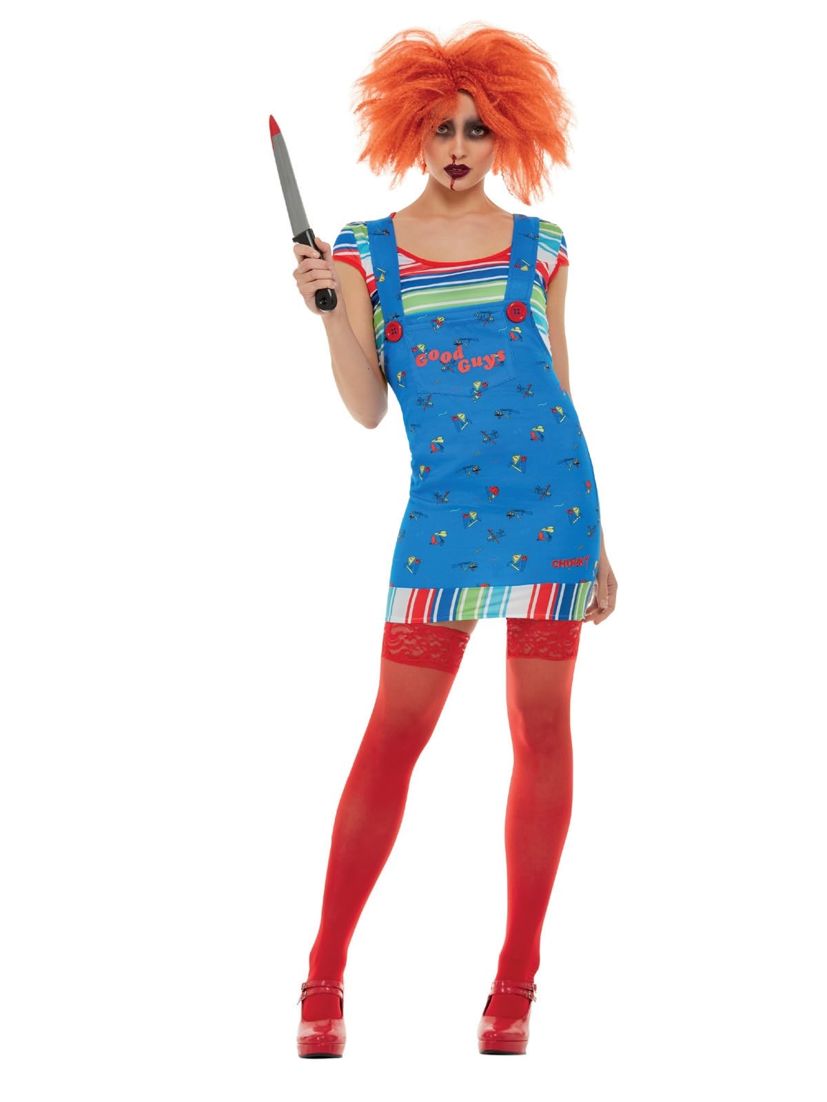 Smiffys Chucky Sexy Costume in Blue Top and Printed Dungarees, Officially Licensed, Iconic Printed Dungarees and Striped Top, Short Dress, Halloween Costume Womens Fancy Dress Sexy Chucky