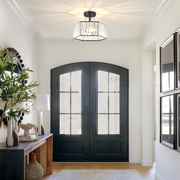 TOULMJ MODERN BLACK SEMI FLUSH MOUNT CEILING LIGHT, 3-LIGHT CRYSTAL ENTRYWAY LIGHT FIXTURE CLOSE TO CEILING KITCHEN LIGHTING, HALLWAY LIGHT FIXTURES FLUSH MOUNT CHANDELIER FOR BATHROOM BEDROOM FOYER
