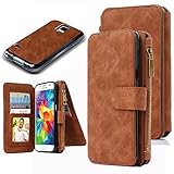 Galaxy S5 Case, S5 Case, CaseUp 12 Card Slot Series - [Zipper Cash Storage] Premium Flip PU Leather Wallet Case Cover With Detachable Magnetic Hard Case For Samsung Galaxy S5 - Brown