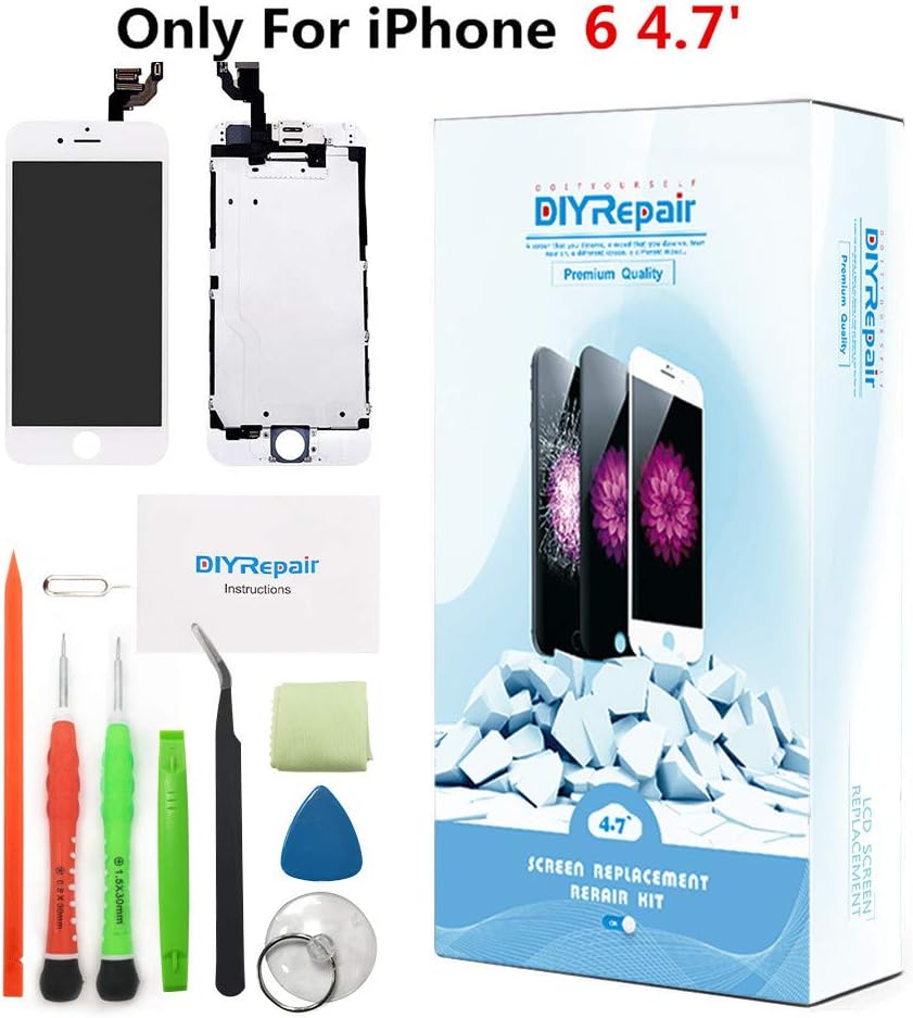 Premium Screen Replacement for iPhone 6 4.7' LCD Touch Digitizer Complete Display Glass Assembly With Earpiece, Front Camera, Proximity Sensor, Tempered Glass, Repair Tools, Easy Instruction (White)