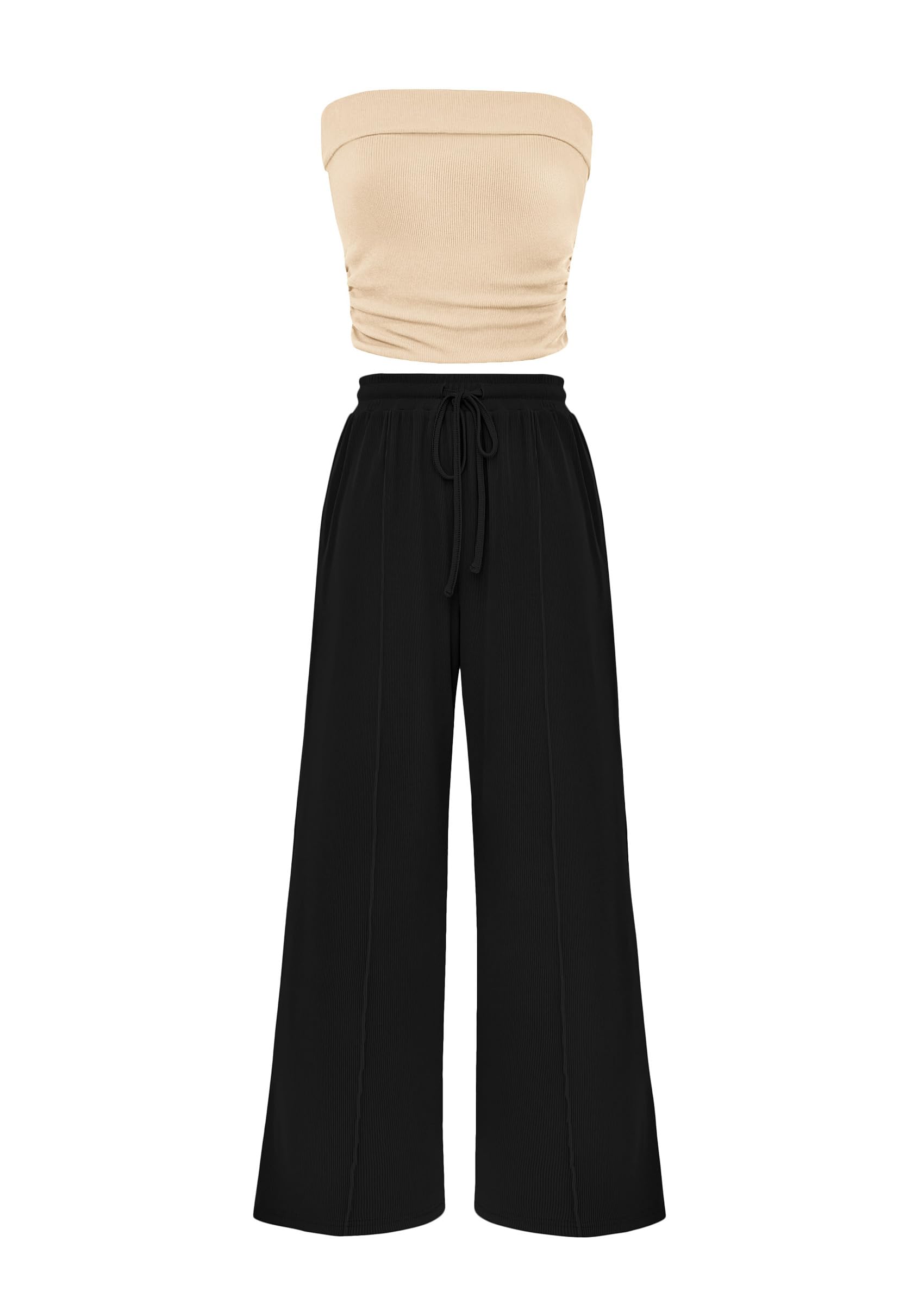 Photo 1 of PRETTYGARDEN Womens Summer Outfits 2 Piece Sets Casual Ribbed Knit Crop Tube Top Wide Leg Pants Spring Matching Lounge Set(Apricot Black,Medium)