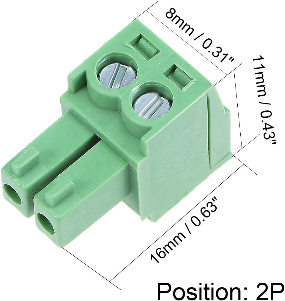 sourcing map 15Pcs AC 300V 8A 3.5mm Pitch 2P Flat Angle Needle Seat Insert-in PCB Terminal Block Connector Green - Image 5