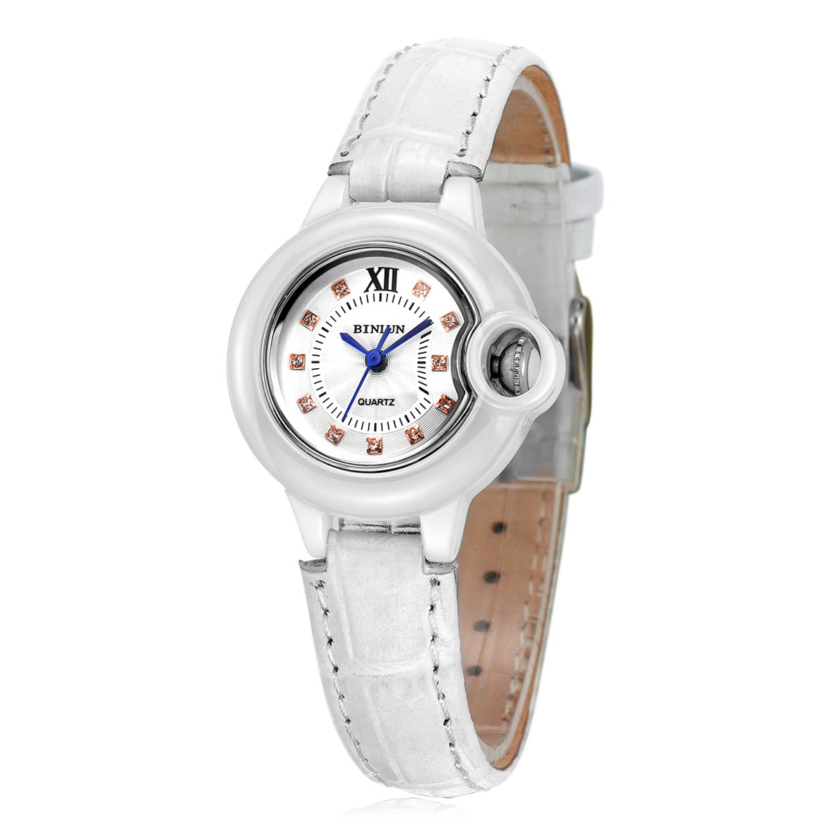 BINLUN Quartz Ladies Watch White Ceramic Watches for Women with Leather Strap Synthetic Sapphire Crystal Mother' Day