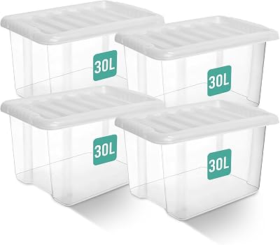 Klass Home Collection 4 x 30L Clear Plastic Storage Boxes with Lids UK