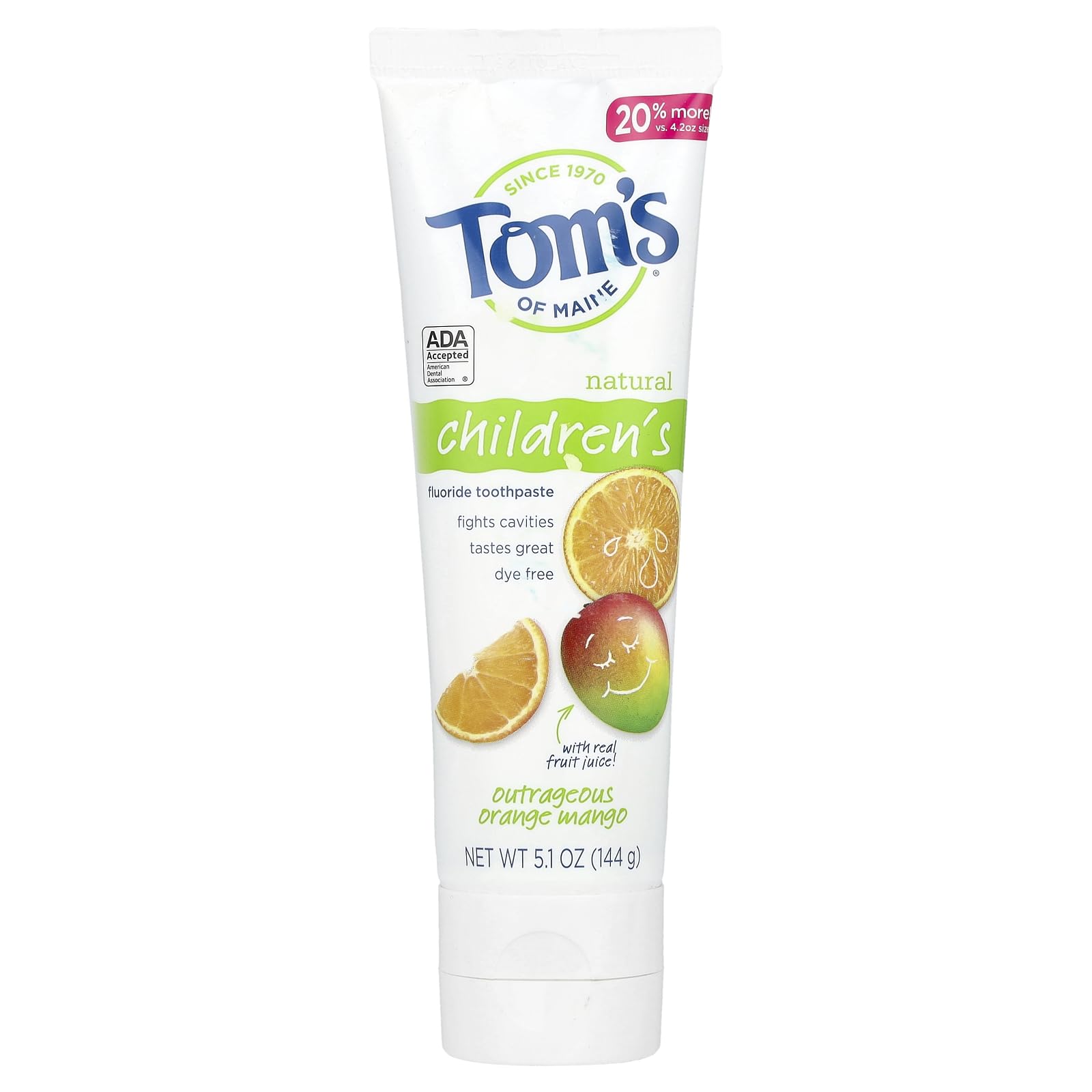 Tom's of Maine Anticavity Fluoride Children's Toothpaste, Natural, Outrageous Orange Mango, 144g (5.1oz)