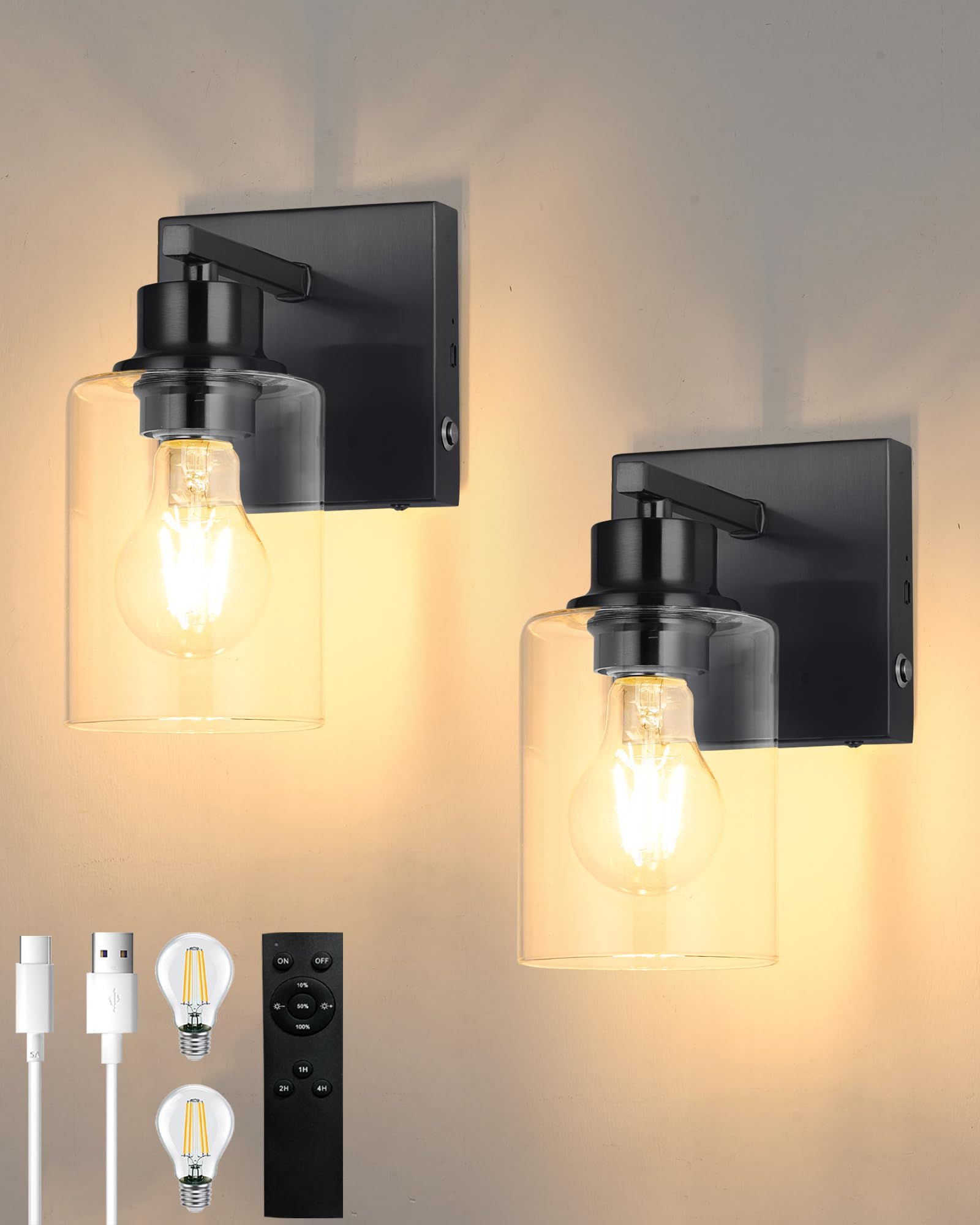 Photo 1 of *** FOR PARTS ** 
Battery Operated Wall Sconce Set of 2, Black Rechargeable Wall Lights with Timer Function, Easy Install Dimmable Wireless Wall Lamps Sconces Wall Decor for Living Room Bedroom Hallway, Emergency 3000K