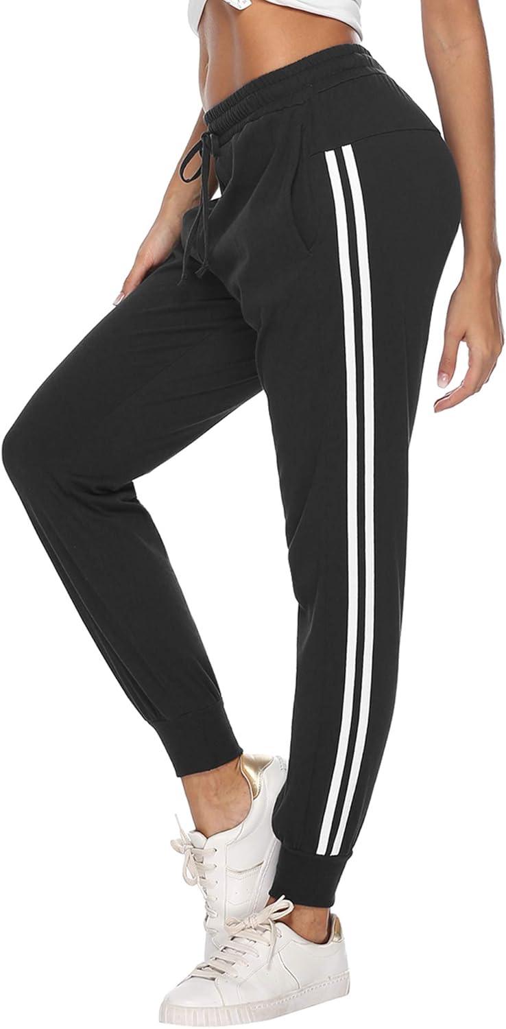 Aibrou Womens Jogger Sports Pants Side Stripes Drawstring Sweatpants Yoga Workout Bottoms with Pockets: Clothing