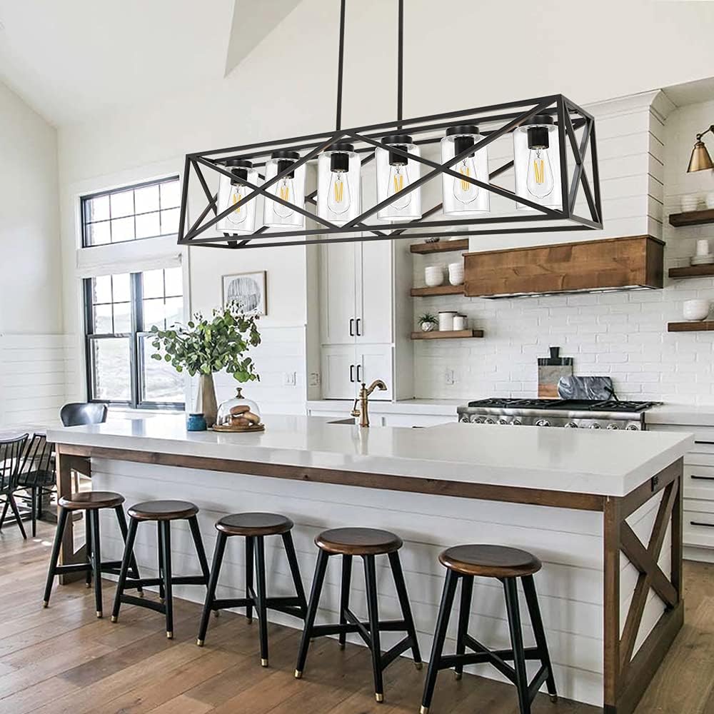 TODOLUZ 6-Lights Farmhouse Chandelier Black Dining Room Light Fixtures, 45.28" Contemporary Rectangle Kitchen Island Lighting with Clear Glass Shade: Home Improvement