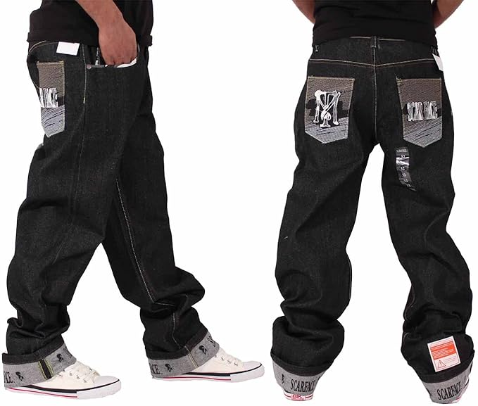Time Is Money Mens Boys Scarface Baggy Loose Fit Hip Hop Black Denim