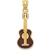 14k Yellow Gold Guitar Pendant with Brown Enamel Detailing, Acoustic Guitar Charm for Music Lovers, Unisex Music Pendant Necklace, Gold Jewelry for Musicians, Artistic Musical Symbol Accessory